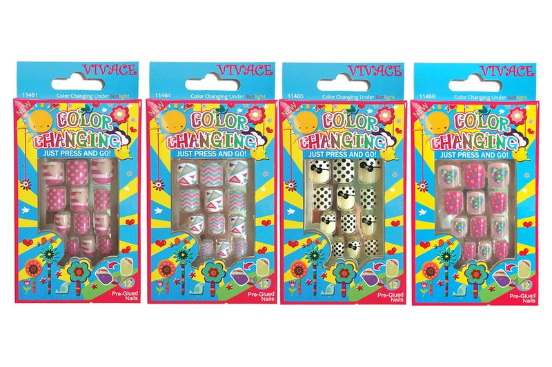 Vivace 4Pack 48Tips Color Changing Under Sun Fake Nails, Artificial Preglued Junior Sticker Nails 11461 etc (Sun 1) - Image 1